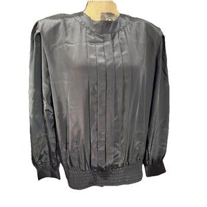Lady Hutton Black Satin Blouse Pleated Elastic Gathered Waist Size 38 Medium 8